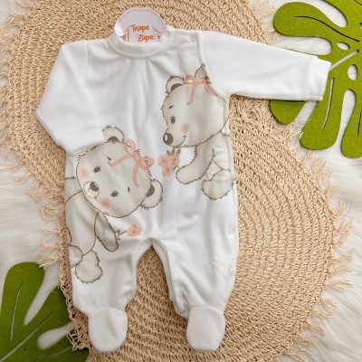 Macacão em Soft Duas Ursinhas Fofas - Off White e Rose